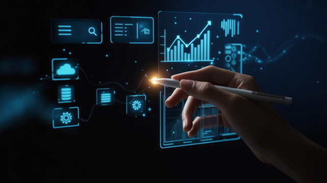 Data flow from database and cloud to processing and analytics dashboards, representing data analysis, automation, insight generation, and digital intelligence Latch - Powered by Adobe