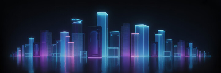 Abstract smart city background with neon buildings on black. Vector realistic illustration of futuristic hi tech cityscape with skyscrapers and light spots, communication network, vr architecture