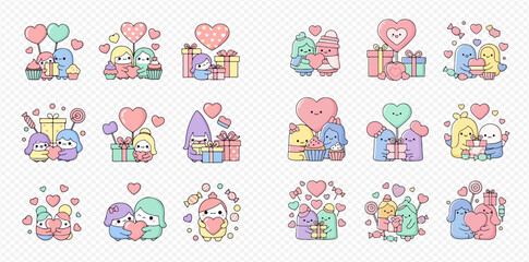 Set of cute cartoon characters in love, holding hearts and gifts, perfect for Valentine's Day or romantic themes.