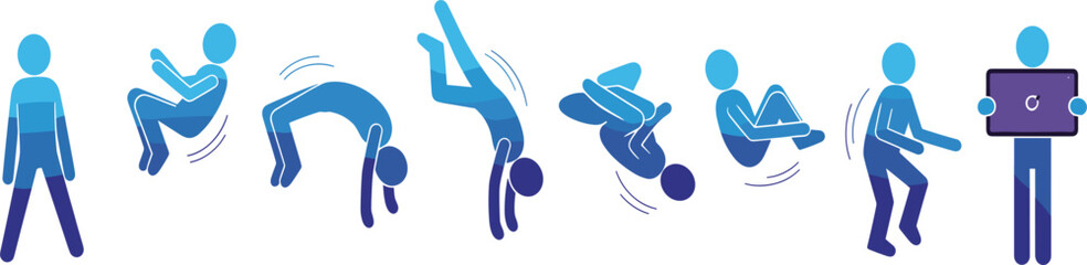 Human character performing acrobatic jump sequence flat vector illustration set