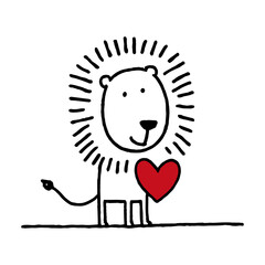 Cute lion holding heart. Outline Hand drawing doodle vector illustration. Love concept, Valentines day symbol
