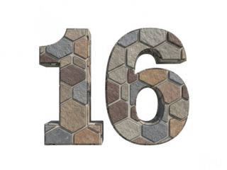 A mosaic representation of the number sixteen in hexagonal tiles isolated on transparent background