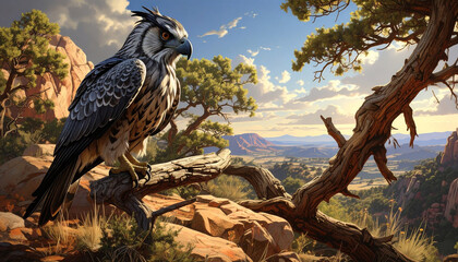 oiseau de proie sur une branche devant un panorama de canyon sauvage