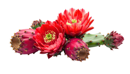 Close-up of vibrant red cactus flowers and fruit against a transparent background