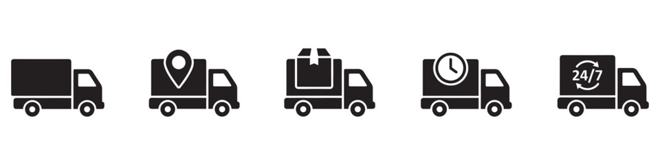 Delivery Truck icon set. Express delivery trucks icons. Fast shipping truck. Free delivery 24 hours. Logistic trucking sign. Vector illustration. Vector Graphic. EPS 10 © Jeremy_Show