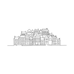 Naklejka premium A continuous line drawing depicts a picturesque cityscape with closely packed buildings
