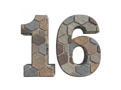 A mosaic representation of the number sixteen in hexagonal tiles isolated on transparent background - Powered by Adobe