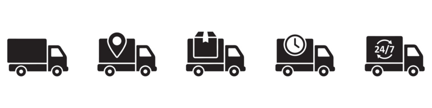Delivery Truck icon set. Express delivery trucks icons. Fast shipping truck. Free delivery 24 hours. Logistic trucking sign. Vector illustration. Vector Graphic. EPS 10