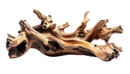 Close-up of weathered and twisted wood fragment against a solid black background