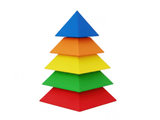 Colorful stacked pyramids displaying rainbow hues isolated on transparent background