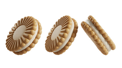 Three cream filled cookies with golden brown icing and decorative edges floating in air  sweet treats transparent background