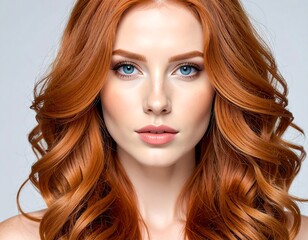 Fototapeta premium Portrait of a woman with red wavy hair and blue eyes, looking at the viewer