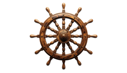 Close-up studio shot of a classic wooden ship's wheel with a dark background