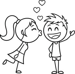 Obraz premium Cute stick figure girl kissing happy boy on cheek with red hearts, romantic young couple in love flat vector illustration, cad drawing flat vector illustration