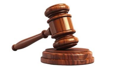 Close-up studio shot of a polished wooden gavel resting on its matching sound block