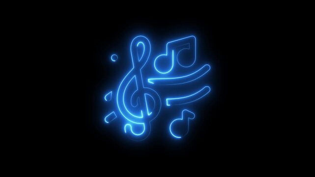 Glowing Blue Neon Music Notes Symbols Floating on Black Background with Water Droplet Effects