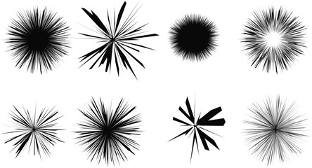 Black starburst explosion shapes with sharp radial lines. Abstract spiky bursts and sunburst silhouettes isolated on white. Energy, impact, motion, and graphic design elements. 