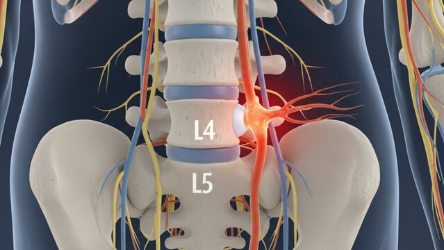 Medical illustration of a human spine with highlighted l4 and l5 vertebrae and nerve pain