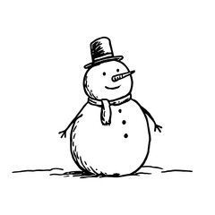 Hand drawn snowman in hat with eyes, black and white sketch. Winter doodle vector illustration. Cute smiling snowman in scarf isolated on white background. Christmas, New Year and Winter decor element
