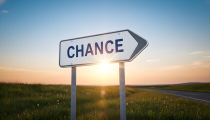 Sign indicating chance on a roadside at sunset in a serene landscape view