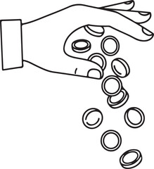 A black and white line art vector of a hand dropping or releasing a stream of coins, symbolizing spending, donation, payment, or financial loss.