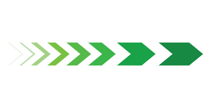 Green arrow progression pointing forward on a white background. Abstract directional chevrons showing growth, speed, and movement. Business strategy, navigation, and success concept.