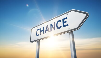 A directional sign indicating chance stands against a vibrant sky with sun shining brightly in the background