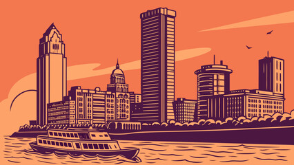 Mumbai skyline with a riverboat and vibrant peachcolored sky ideal for travel websites, blog headers, and tourism brochures.