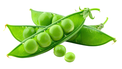 Close-up studio shot of fresh, vibrant green pea pods with plump peas against a dark backdrop