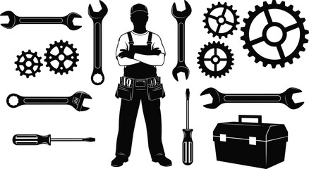 Professional repairman silhouette with tool belt surrounded by wrenches, gears, screwdrivers, and toolbox, industrial maintenance and handyman service vector illustration