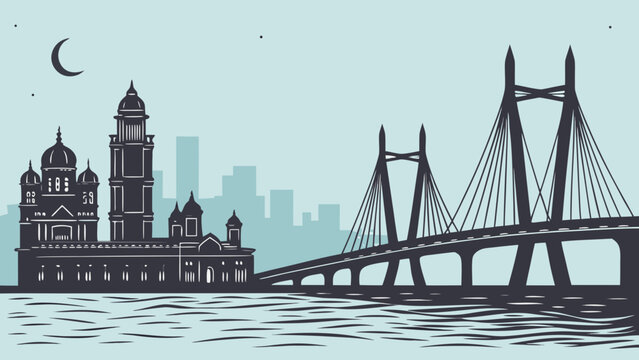 Mumbai and kolkata skylines with howrah bridge and writers building in a nostalgic cityscape. Suitable for travel and architectural themed designs.