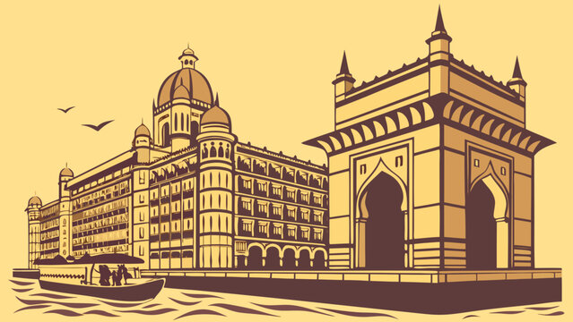 Mumbai skyline captures iconic landmarks taj mahal palace hotel, gateway of india. Suitable for travel blogs, city guides, or india illustrations.