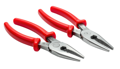 Close-up studio shot of two needle-nose pliers with bright red handles. Black background