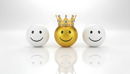 A golden smiley face wearing a crown stands out among its white companions on a reflective white surface