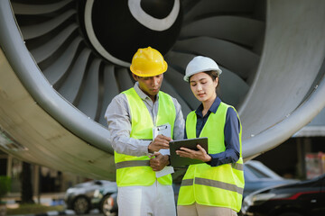 Two aviation engineers wearing safety helmets and reflective vests review technical data on digital tablets in front of a jet engine, emphasizing aircraft maintenance, teamwork, and safety standards.