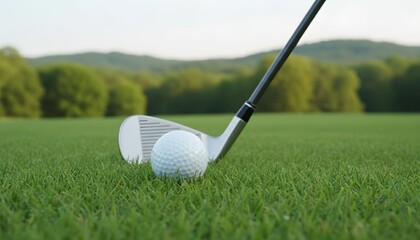 Golf club and ball on a serene green course surrounded by lush trees and rolling hills under a clear sky