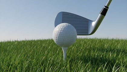 Golf ball on tee in lush green grass with golf club positioned to strike under clear blue sky