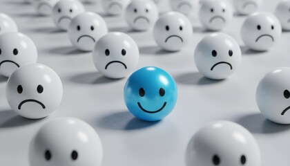 A blue smiley face stands out among many white frowning faces on a flat surface viewed from above