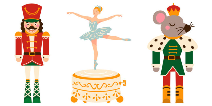 Flat vector illustration of Nutcracker characters including the soldier, ballerina on a music box, and mouse king, ideal for Christmas cards, holiday posters, and theater production designs.
