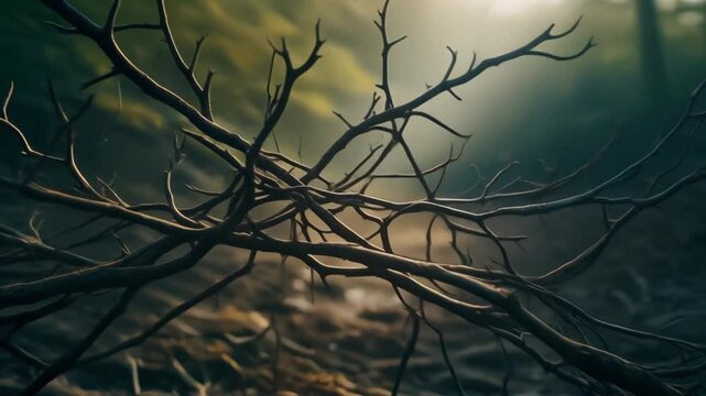 Firefly lights dry tree branches in a quiet forest scene with intertwined twigs