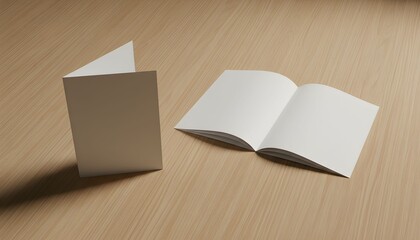 A blank booklet and an open book lie on a light wooden table, viewed from above.