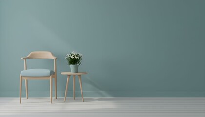 A serene chair and table setup with flowers in a minimalist interior space