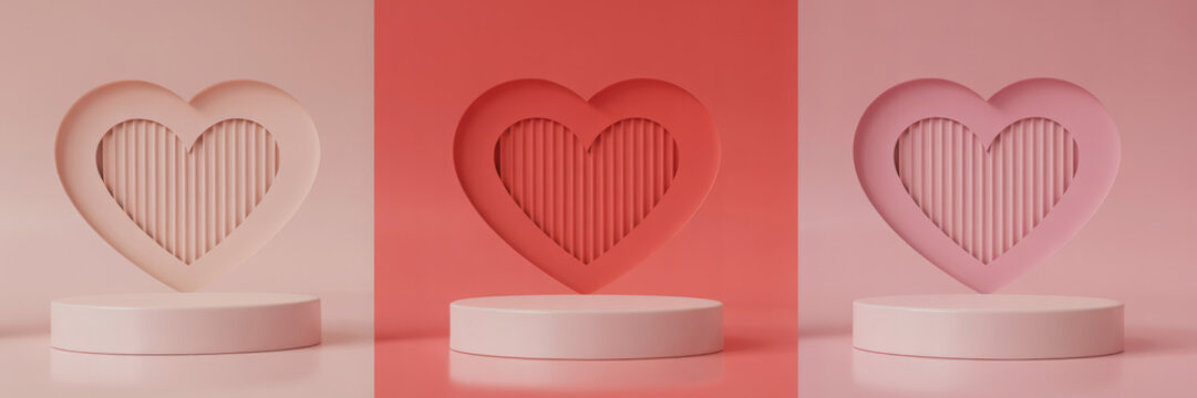 Set of 3D valentine day background with pink, red, white cylinder pedestal podium. Papercut in window heart shape. Vector geometric platform. Mockup product display. Minimal wall scene. Stage showcase