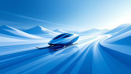 Futuristic blue winter vehicle racing on snowy landscape with smooth curves. Sports sled on an icy track