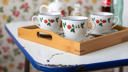 Vintage floral tea cups on wooden tray with blue accents