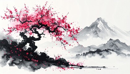 A beautiful brush-drawn ink painting of a cherry blossom tree　筆で描いた美しい桜の木の墨絵
