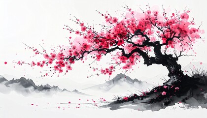 A beautiful brush-drawn ink painting of a cherry blossom tree　筆で描いた美しい桜の木の墨絵