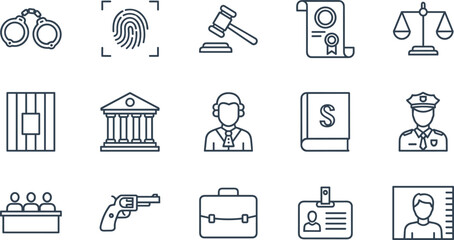 Legal justice and law enforcement line icons for courtroom proceedings attorney services police investigation and judicial system authority,