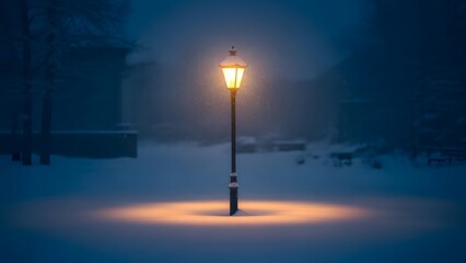 A solitary lamppost casts a warm, golden glow on a pristine, snow-covered winter landscape at night, creating a peaceful and atmospheric scene.
