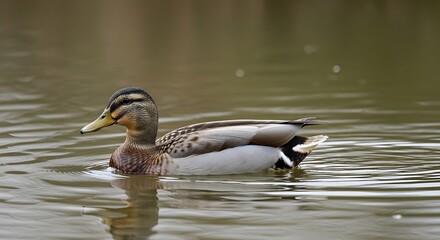 Obraz premium A hen mallard duck swims on calm, reflective water.